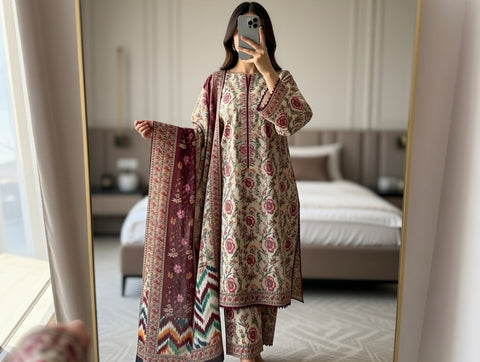 3 PCS Beige & Maroon Lawn Shirt with Trouser & Dupatta