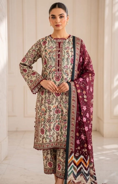 3 PCS Beige & Maroon Lawn Shirt with Trouser & Dupatta