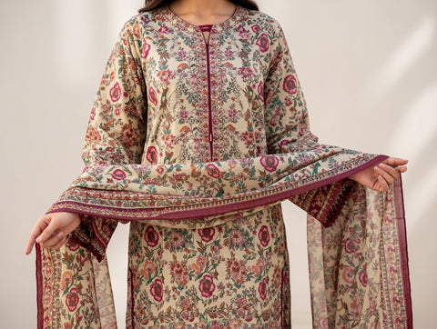 3 PCS Beige & Maroon Lawn Shirt with Trouser & Dupatta