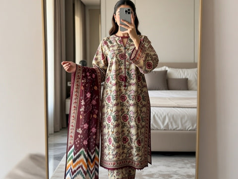 3 PCS Beige & Maroon Lawn Shirt with Trouser & Dupatta