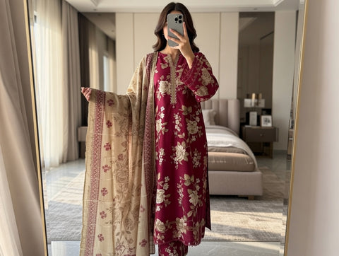 3 PCS Lawn Suit with Trouser & Dupatta