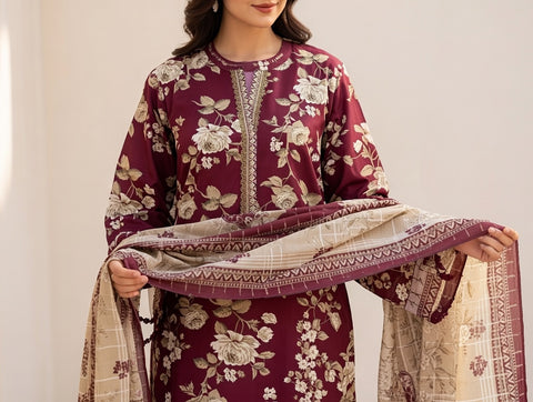 Premium 3 PCS Lawn Suit with Trouser & Dupatta