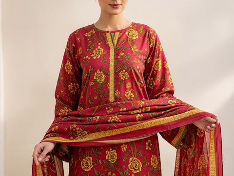 3 PCS Maroon Lawn Shirt with Trouser & Dupatta