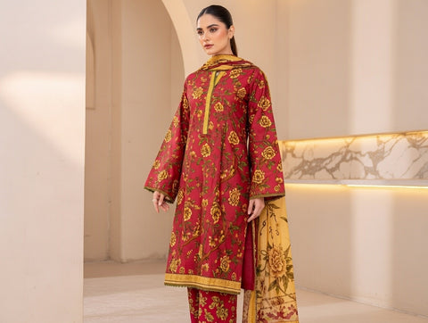3 PCS Maroon Lawn Shirt with Trouser & Dupatta