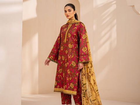 3 PCS Maroon Lawn Shirt with Trouser & Dupatta