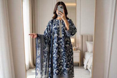 3 PCS Navy Lawn Suit with Trouser & Dupatta