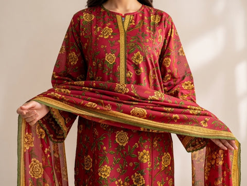 3 PCS Maroon Lawn Shirt with Trouser & Dupatta