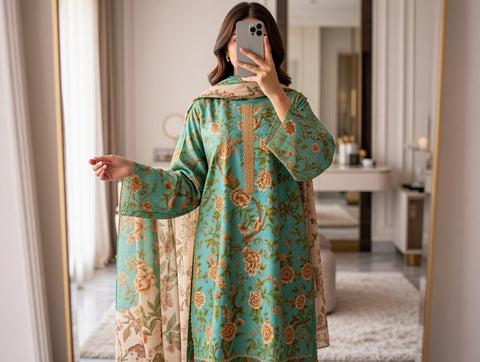 3 PCS Lawn Suit with Trouser & Dupatta
