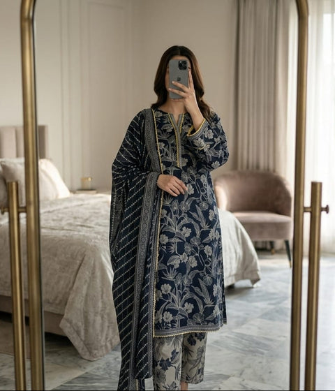 3 PCS Navy Lawn Suit with Trouser & Dupatta