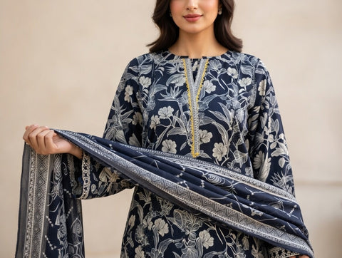 3 PCS Navy Lawn Suit with Trouser & Dupatta