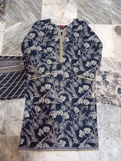 3 PCS Navy Lawn Suit with Trouser & Dupatta