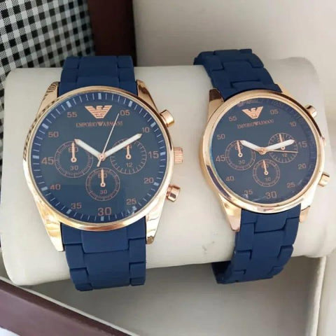 2 Pcs Unisex Stainless Steel Chronograph Couple Watches – Multicolor
