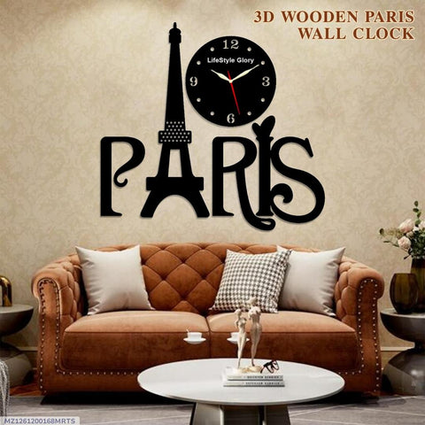 3D Wooden Paris Wall Clock – Abstract Art Design