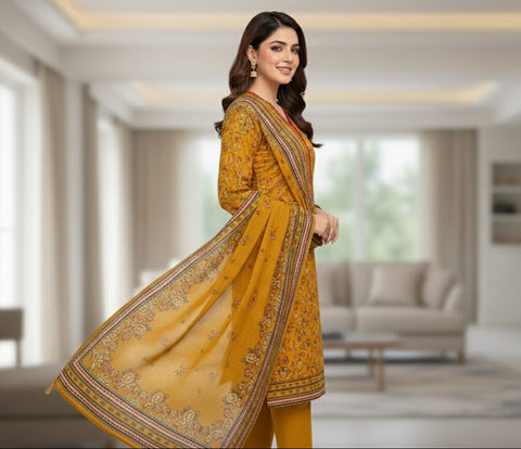 3 PCS Khaddar Premium Shirt with Trouser & Dupatta